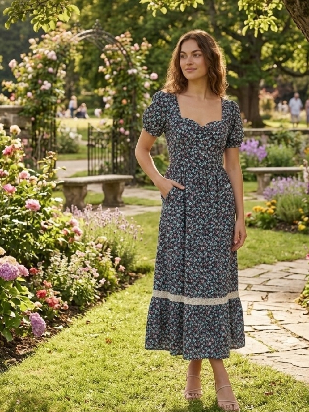 Modcloth Puff-Sleeve Maxi Dress Sz L Ditsy Floral Black Blue Pink Green Cotton